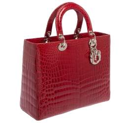 Pre Owned حقيبة ديور ليدي ديور جلد تمساح أحمر لامع كبيرة