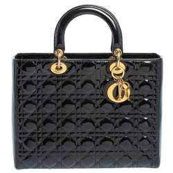 Pre Owned Dior Black Cannage Patent Leather Large Lady Dior Tote