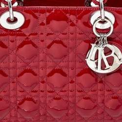 Pre Owned Dior Red Cannage Patent Leather Medium Lady Dior Tote