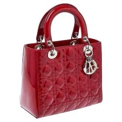 Pre Owned Dior Red Cannage Patent Leather Medium Lady Dior Tote