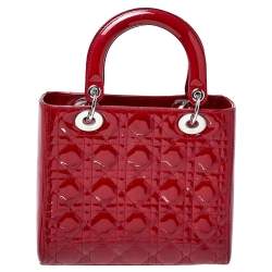 Pre Owned Dior Red Cannage Patent Leather Medium Lady Dior Tote