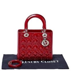 Pre Owned Dior Red Cannage Patent Leather Medium Lady Dior Tote