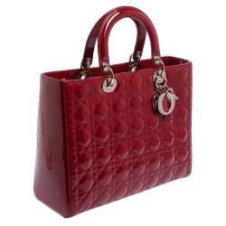 Pre Owned Dior Red Cannage Patent Leather Large Lady Dior Tote