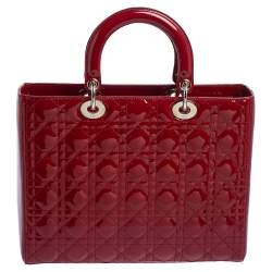 Pre Owned Dior Red Cannage Patent Leather Large Lady Dior Tote