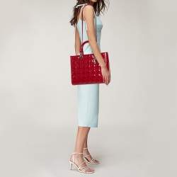 Pre Owned Dior Red Cannage Patent Leather Large Lady Dior Tote