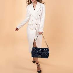 Pre Owned Dior Navy Blue Cannage Patent Leather Large New Lock Flap Shoulder Bag