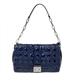 Pre Owned Dior Navy Blue Cannage Patent Leather Large New Lock Flap Shoulder Bag