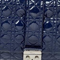 Pre Owned Dior Navy Blue Cannage Patent Leather Large New Lock Flap Shoulder Bag