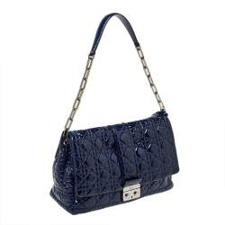 Pre Owned Dior Navy Blue Cannage Patent Leather Large New Lock Flap Shoulder Bag