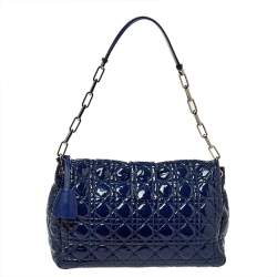 Pre Owned Dior Navy Blue Cannage Patent Leather Large New Lock Flap Shoulder Bag