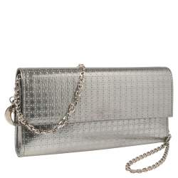 Pre Owned Dior Metallic Silver Microcannage Leather Croisiere Wallet On Chain
