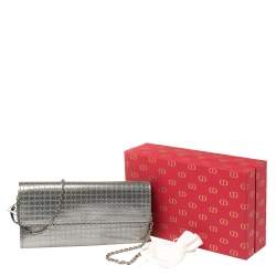Pre Owned Dior Metallic Silver Microcannage Leather Croisiere Wallet On Chain