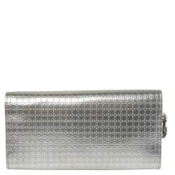 Pre Owned Dior Metallic Silver Microcannage Leather Croisiere Wallet On Chain