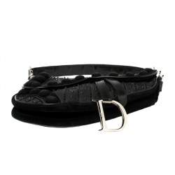 Pre Owned Dior Black Velvet/Nylon and Leather Vintage Pom Pom Embellished Saddle Bag