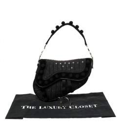 Pre Owned Dior Black Velvet/Nylon and Leather Vintage Pom Pom Embellished Saddle Bag