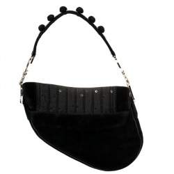 Pre Owned Dior Black Velvet/Nylon and Leather Vintage Pom Pom Embellished Saddle Bag