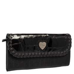 Pre Owned Dior Black Croc Embossed Patent Leather and Canvas Continental Wallet