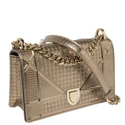 Pre Owned Dior Metallic Gold Micro Cannage Patent Leather Small Diorama Shoulder Bag