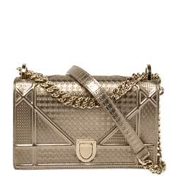 Pre Owned Dior Metallic Gold Micro Cannage Patent Leather Small Diorama Shoulder Bag