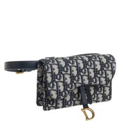 Pre Owned Dior Navy Blue/White Oblique Canvas and Leather Saddle Belt Bag
