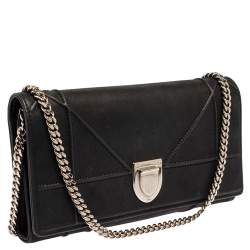 Pre Owned Dior Black Shimmering Leather Diorama Wallet on Chain