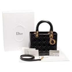 Pre Owned Dior Black Cannage Quilted Patent Leather Medium Lady Dior Tote