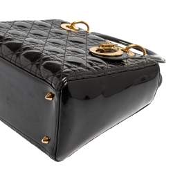 Pre Owned Dior Black Cannage Quilted Patent Leather Medium Lady Dior Tote