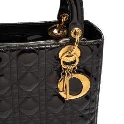 Pre Owned Dior Black Cannage Quilted Patent Leather Medium Lady Dior Tote