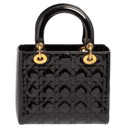 Pre Owned Dior Black Cannage Quilted Patent Leather Medium Lady Dior Tote