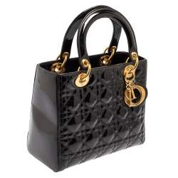 Pre Owned Dior Black Cannage Quilted Patent Leather Medium Lady Dior Tote