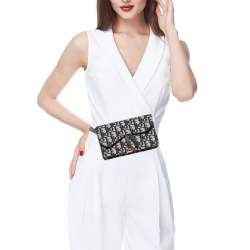 Pre Owned Dior Navy Blue/White Oblique Canvas and Leather Saddle Belt Bag