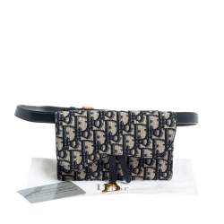 Pre Owned Dior Navy Blue/White Oblique Canvas and Leather Saddle Belt Bag