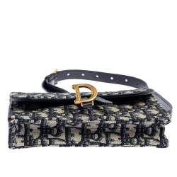 Pre Owned Dior Navy Blue/White Oblique Canvas and Leather Saddle Belt Bag
