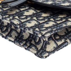 Pre Owned Dior Navy Blue/White Oblique Canvas and Leather Saddle Belt Bag