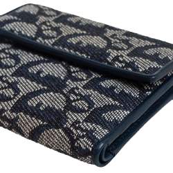 Pre Owned Dior Blue Oblique Canvas and Leather Flap Wallet