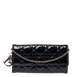 Pre Owned محفظة بسلسلة ديور ليدي ديور جلد لامعة كاناج سوداء