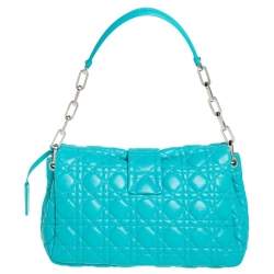 Pre Owned Dior Turquoise Cannage Patent Leather Medium New Lock Shoulder Bag