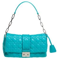 Pre Owned Dior Turquoise Cannage Patent Leather Medium New Lock Shoulder Bag