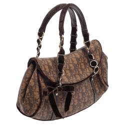 Pre Owned Dior Brown Monogram Coated Canvas and Velvet Romantique Trotter Flap Bag
