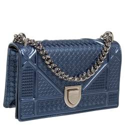 Pre Owned Dior Blue Micro Cannage Patent Leather Mini Diorama Chain Shoulder Bag