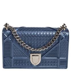 Pre Owned Dior Blue Micro Cannage Patent Leather Mini Diorama Chain Shoulder Bag