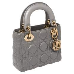 Pre Owned Dior Metallic Grey Cannage Leather Mini Lady Dior Tote