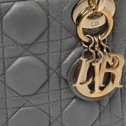 Pre Owned Dior Metallic Grey Cannage Leather Mini Lady Dior Tote