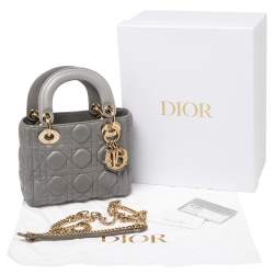 Pre Owned Dior Metallic Grey Cannage Leather Mini Lady Dior Tote