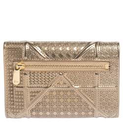 Pre Owned محفظة ثلاثية الطي ديور ديوراما جلد لامع كاناج مايكرو ذهبي ميتاليك 