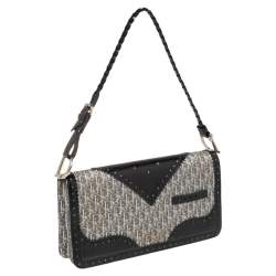 Pre Owned Dior Black/Grey Diorissimo Canvas and Leather Braided Strap Flap Baguette