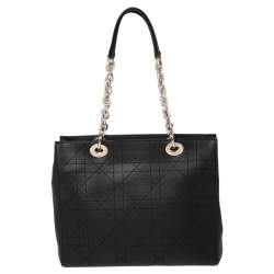 مملوكة مسبقًا حقيبة يد توتس ديور شوبر ليدي ديور جلد كاناج أسود بسلسلة 