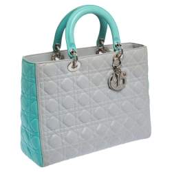 Pre Owned Dior Grey/Turquoise Cannage Leather Large Lady Dior Tote