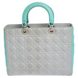 Pre Owned Dior Grey/Turquoise Cannage Leather Large Lady Dior Tote