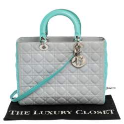 Pre Owned Dior Grey/Turquoise Cannage Leather Large Lady Dior Tote